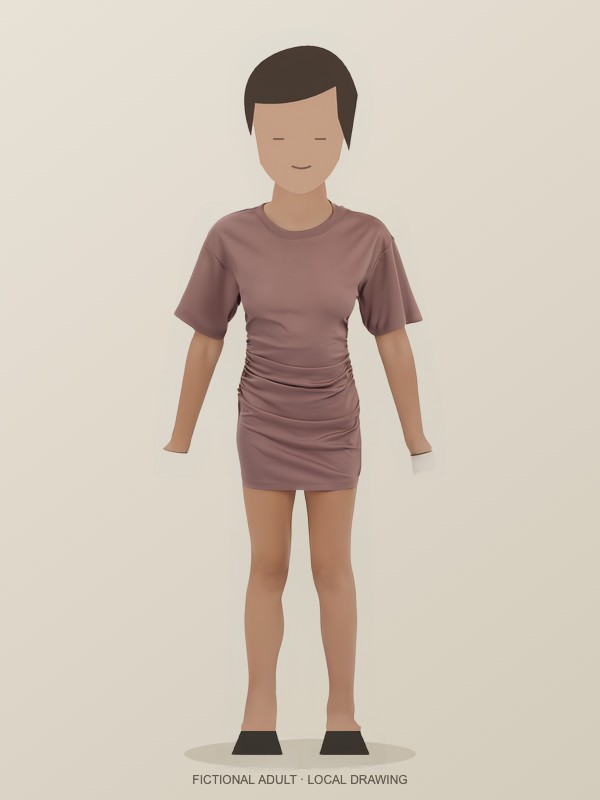 Saved generated result showing a fictional illustrated adult wearing a mocha Nova mini dress